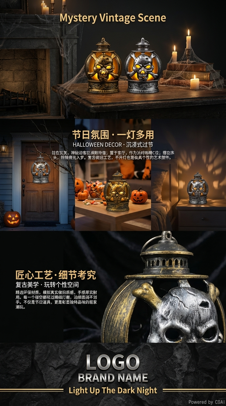 万圣节仿古做旧发光南瓜骷髅扁灯摆件场景氛围布置详情3