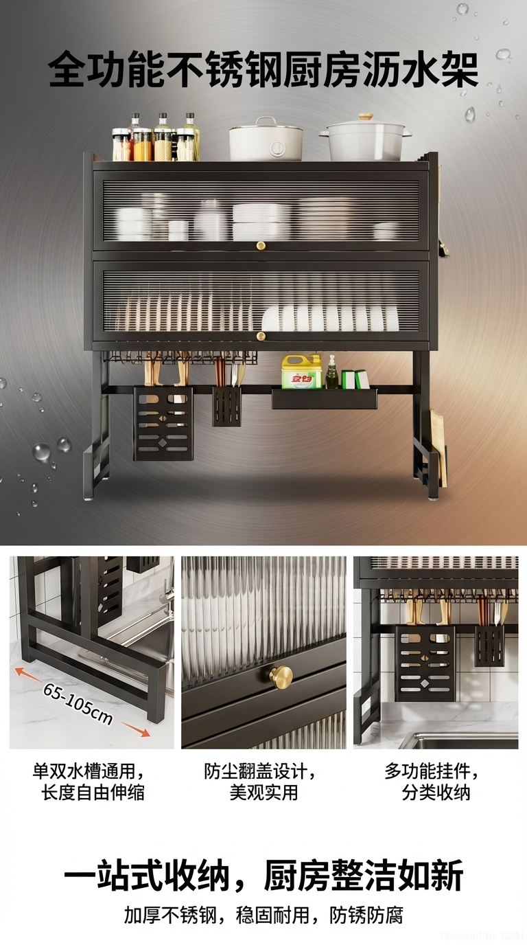 厨房加厚碳钢双层洗碗槽水池置物架厨房台面餐具碗碟沥水收纳架详情1