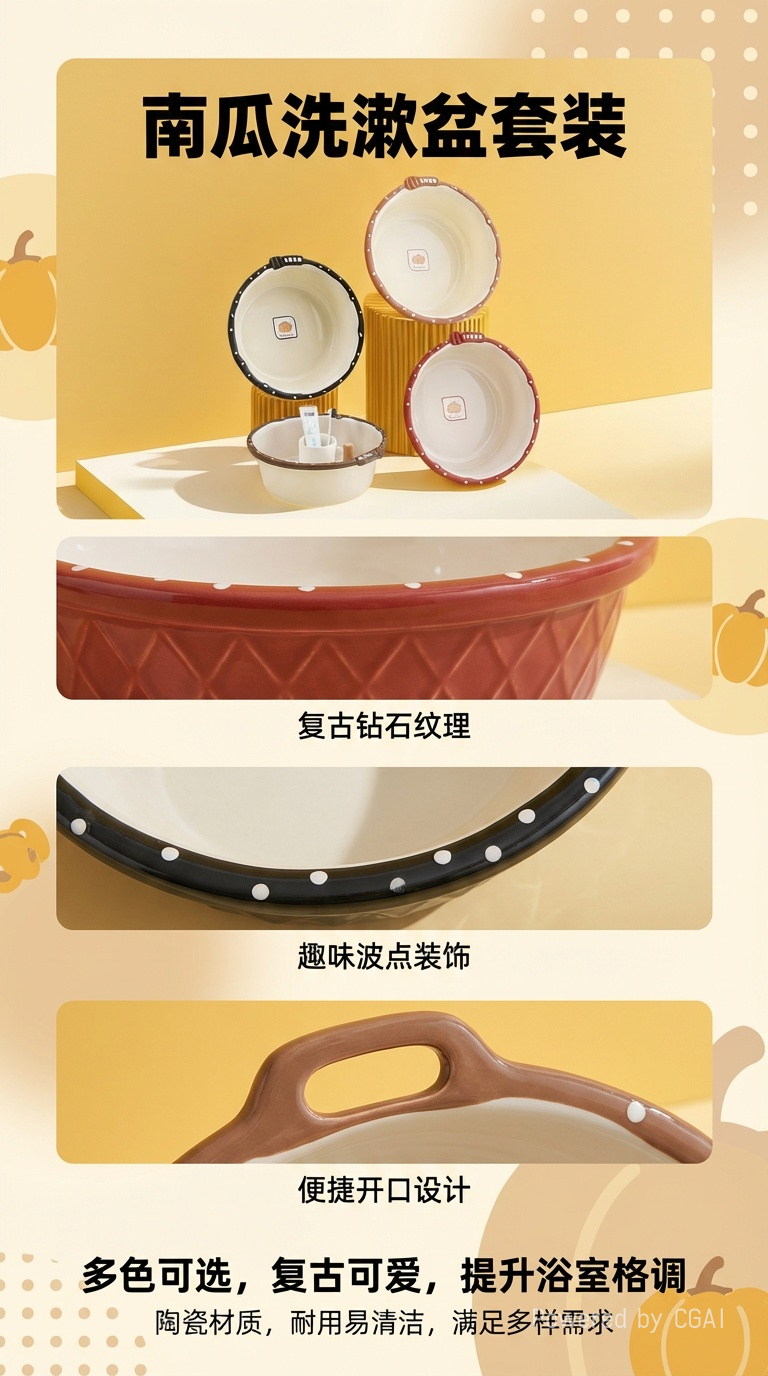 Cute calabaza cerámica lavabo casero para niños dibujos animados plástico acero inoxidable multifuncional lavabo de cara lavabo de pies pic 1