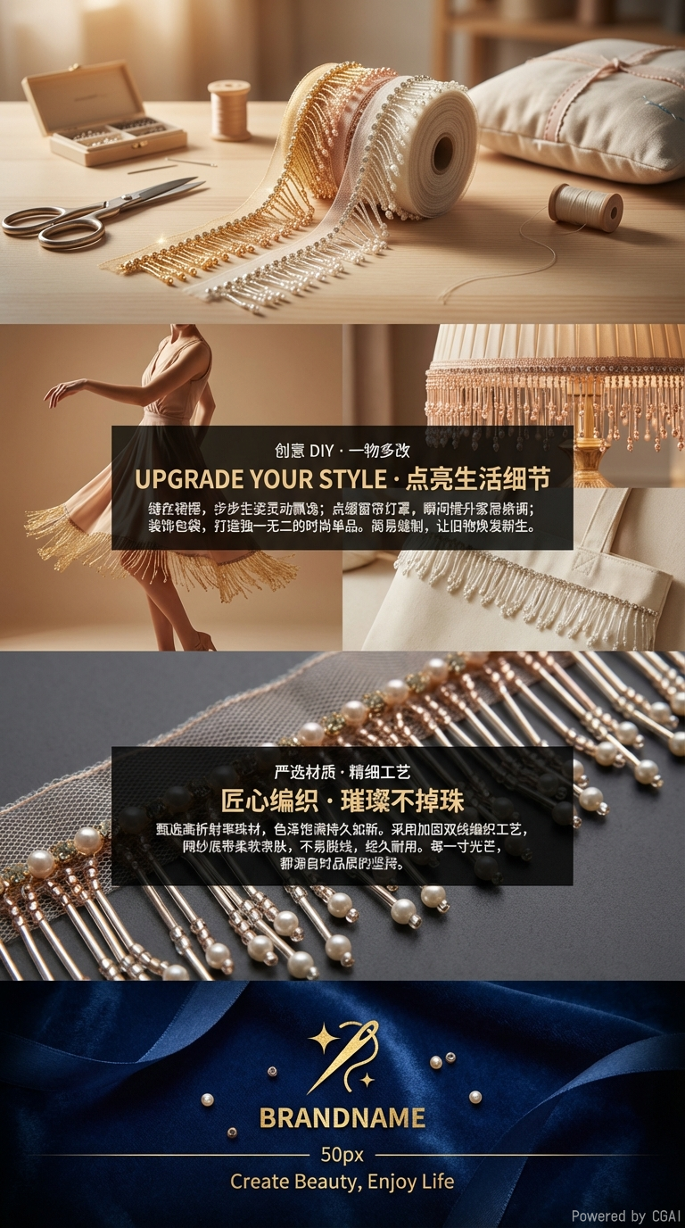 新款网布镶钻珍珠流苏 服装辅料手工钉珠管蕾丝吊坠排须花边详情3