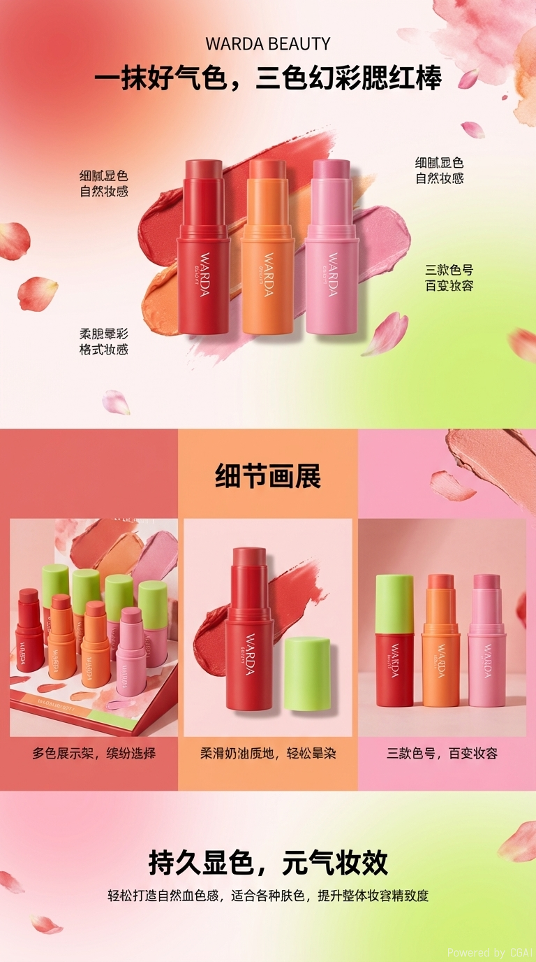 Wardabeauty腮红棒，奶油质地轻盈显色，多色可选，时尚便携，热销美妆新品。详情1