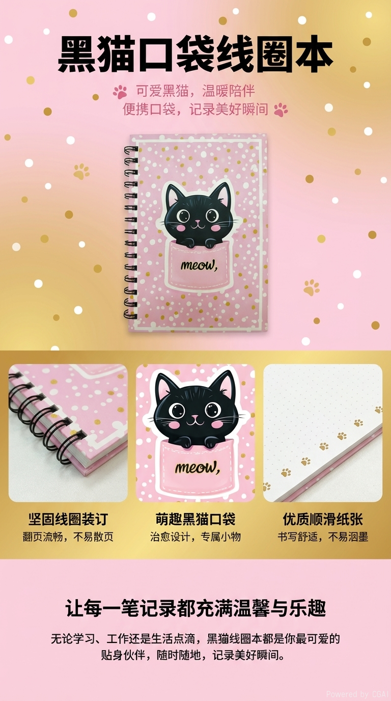 Donghu Paper Products A5 Pink Gold polka Dot Pocket Cat Coil Notebook Meow Cute girlish Heart Notebook, Student Portable Notepad, planner pic 1