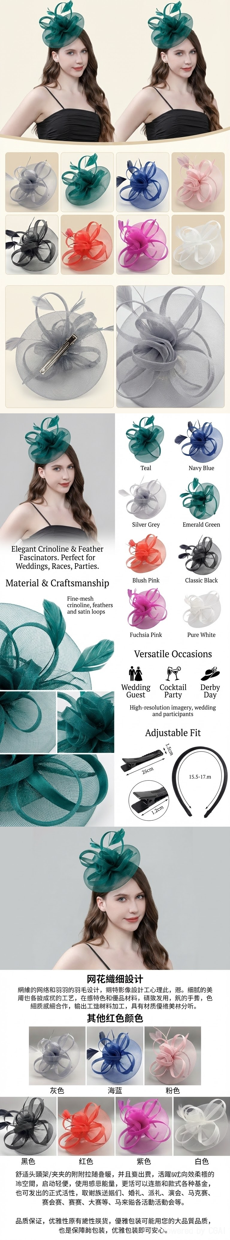 1件面纱网眼德比帽茶党万圣节生日赛马婚礼帽教堂帽，带头带和夹子俩用详情1