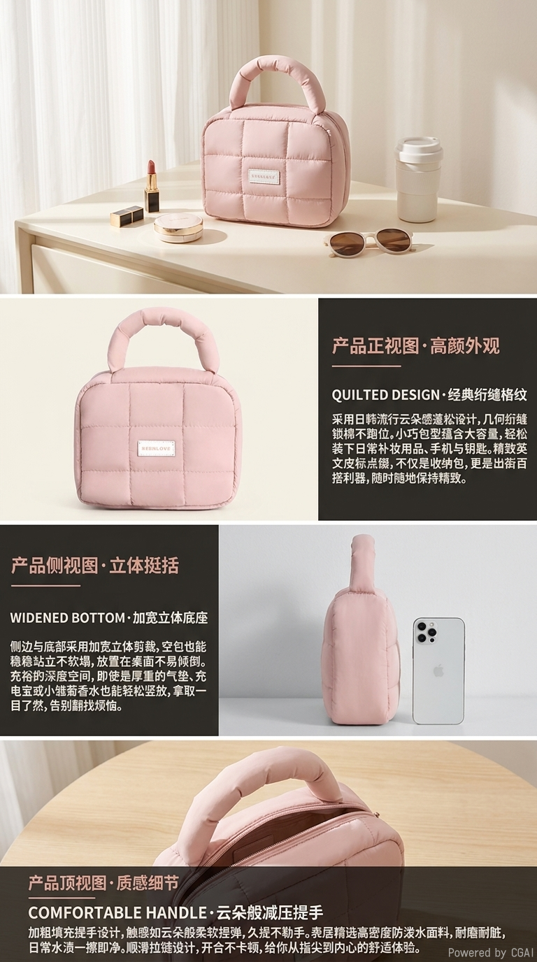 爱迪华泡芙四方马克龙收纳包糖果色充柔软手提大容量化妆包详情2