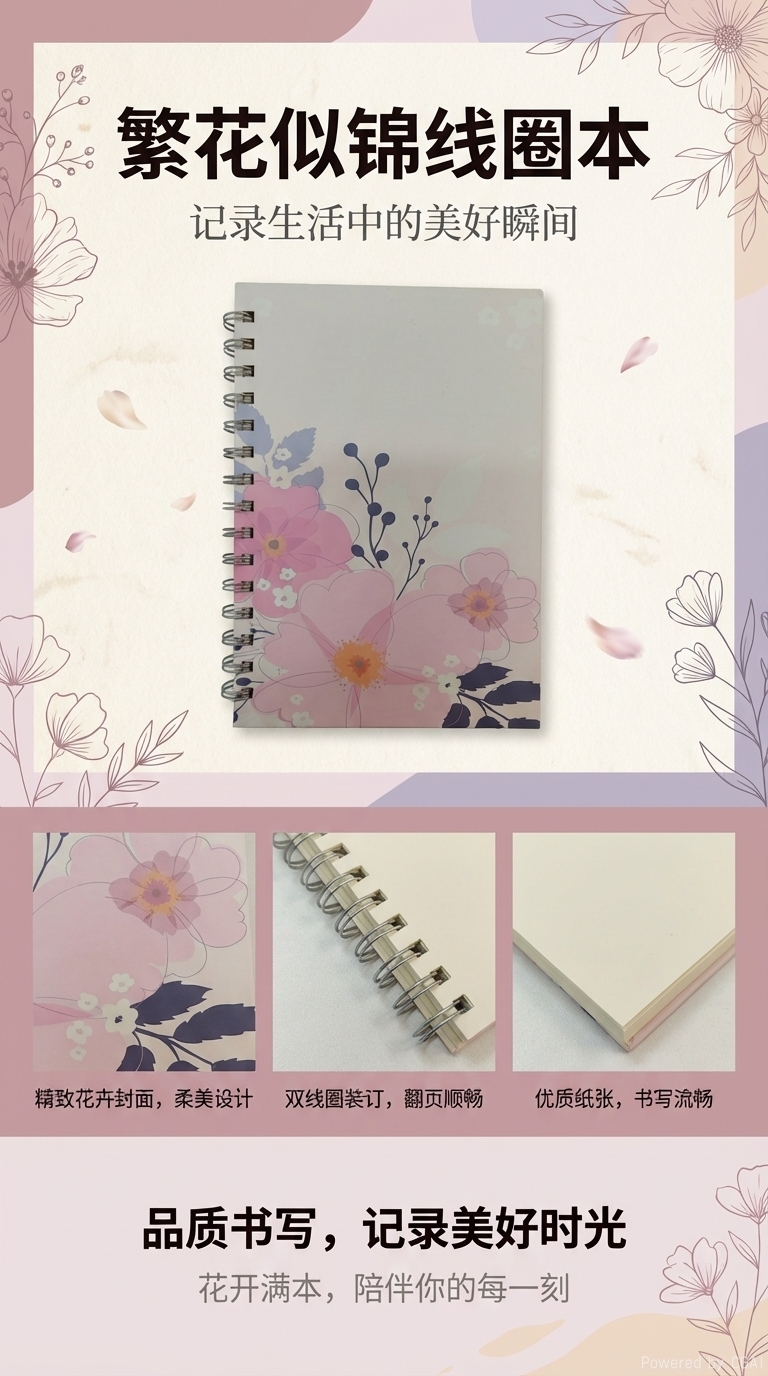Donghu Paper Products A5 Soft Mist Pink Flower Coil Notebook, Artistic Flower Notebook, Exquisite flower cover Diary Diary pic 1