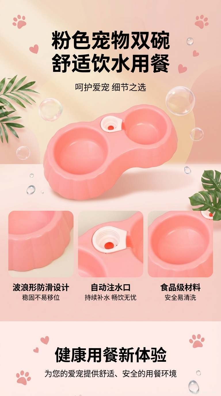 Pink double-bowl pet food sets, dog-specific anti-slip food bowls, durable and cute pic 1