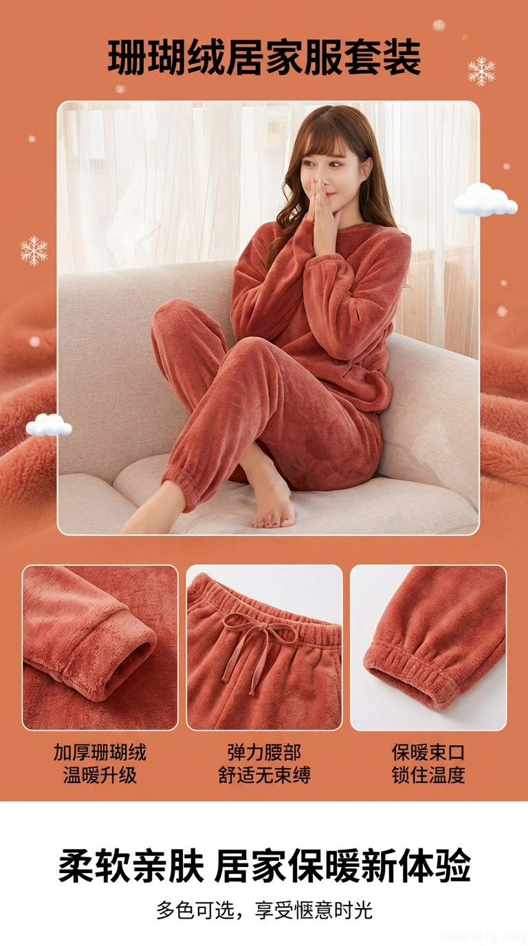 女士法兰绒真丝睡衣家居服套装舒适透气柔软保暖居家穿着详情1