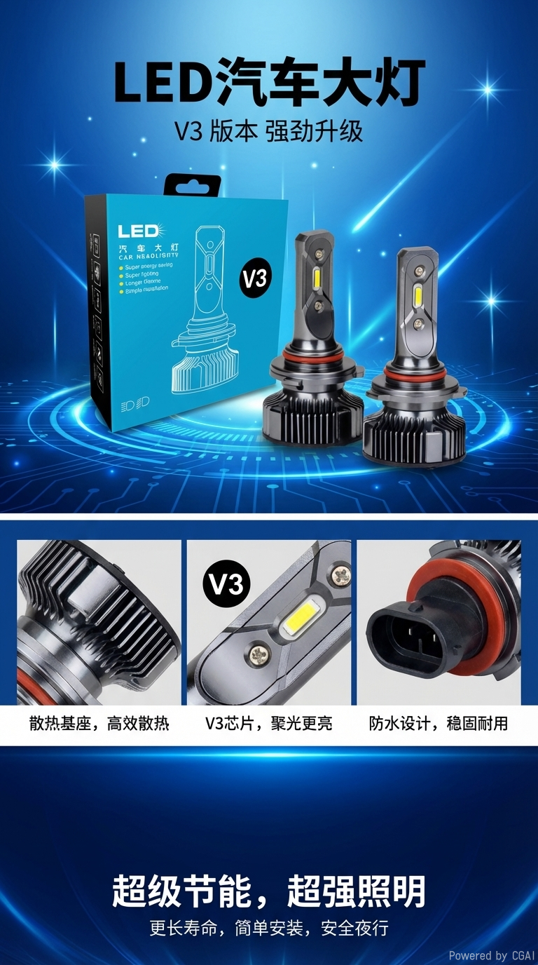 汽车LED大灯前照灯车内电器汽车配件LED灯泡12V防水耐用详情1