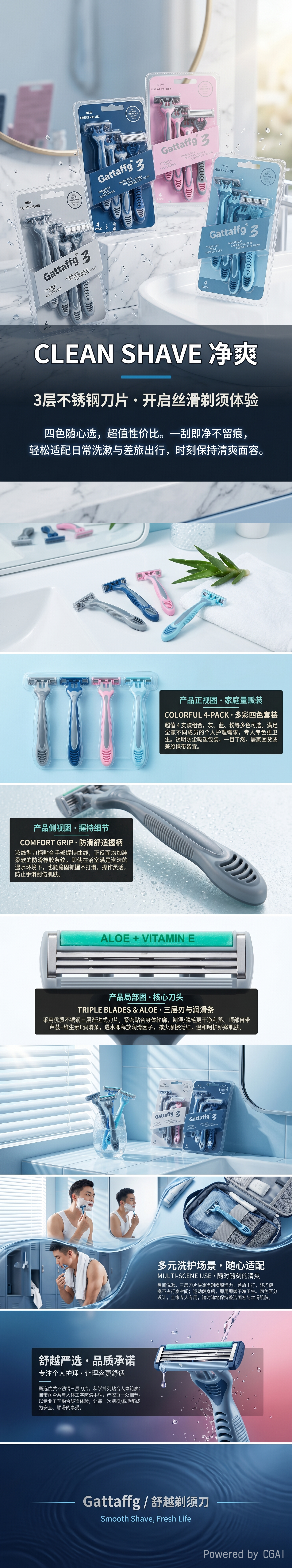 男士手动刮胡刀 三层刀片4只装固定刀头一次性剃须刀厂家直销详情1