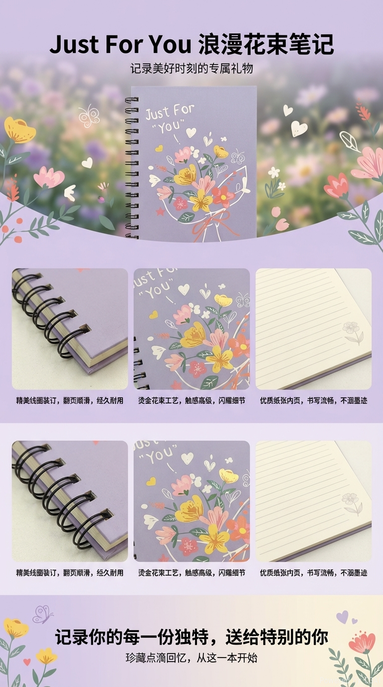 Donghu Paper Products A5 High Appearance Level purple bouquet Coil This article art style Just For You Notebook Student portable notebook pic 1