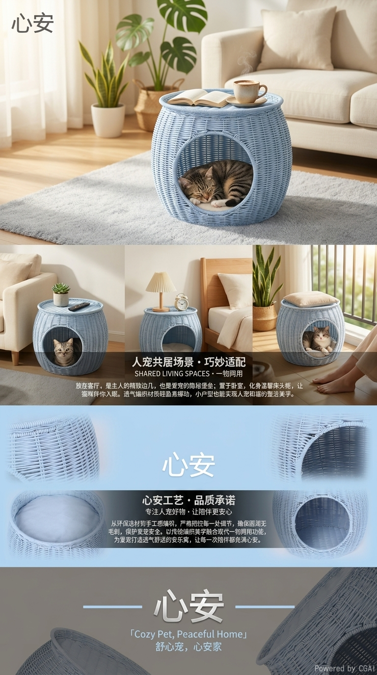 轻奢天蓝仿藤编两用宠物窝顶盖可作茶几高颜值猫窝适合多品种猫咪详情2
