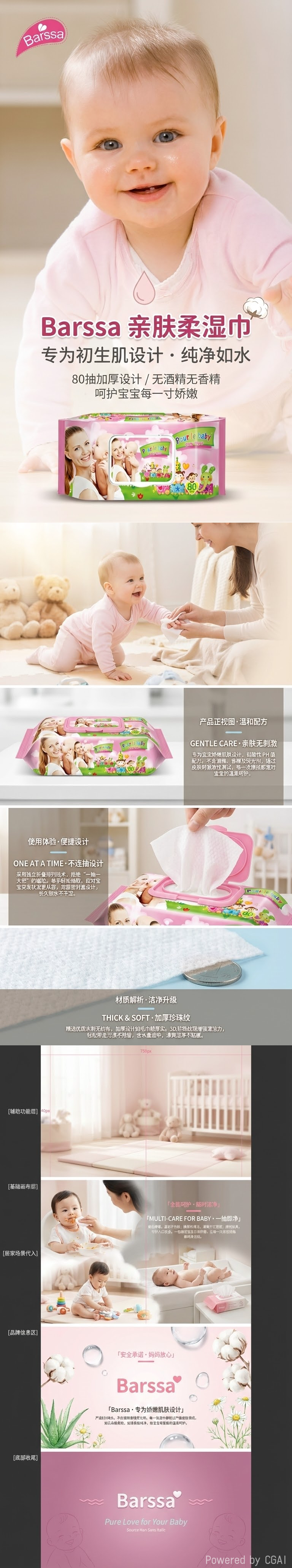 Pour le baby 80pcs 婴儿湿巾包装盒婴儿专用湿巾纸巾婴儿湿纸巾酒精湿巾卫生纸家庭便携装详情1