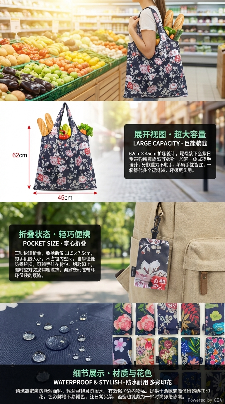 豹纹图案可折叠环保购物袋伸缩袋尼龙收纳袋厨房用可折叠购物袋详情2