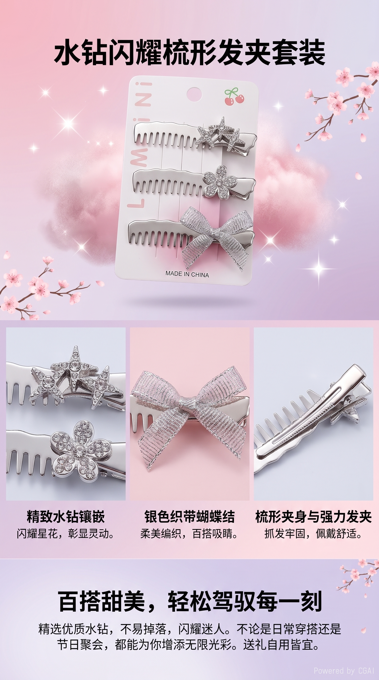 银色合金结字母发夹精致时尚水钻星球刘海夹发饰女头饰详情1