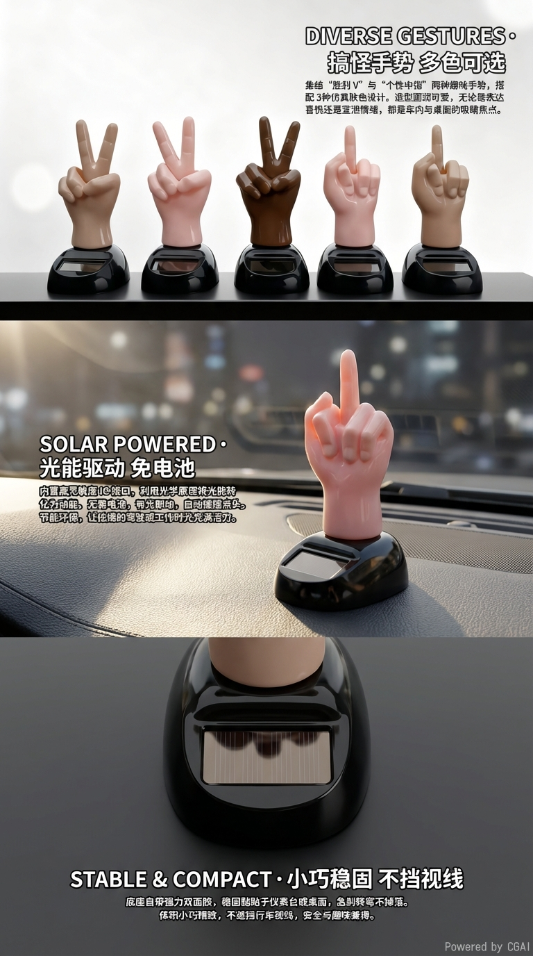 创意太阳能手指比耶感应摇摆玩具车内装饰品摆件详情2