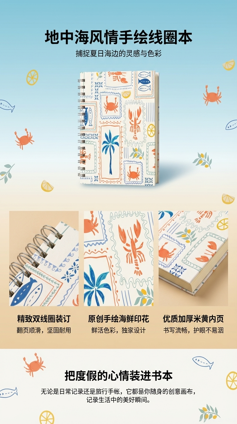 东湖纸品 A5 可爱螃蟹龙虾图案线圈本 海边度假风手账本 少女心高颜值笔记本详情1