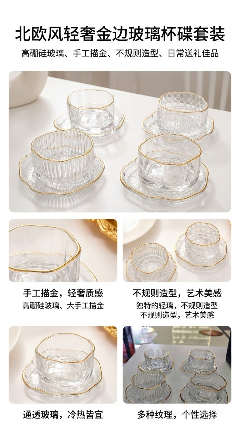 12件套玻璃甜品碗套装高颜值烫金玻璃碗碟蛋糕碗金边甜点碗银耳碗早餐碗餐具整套不规则形碗沙拉碗详情1