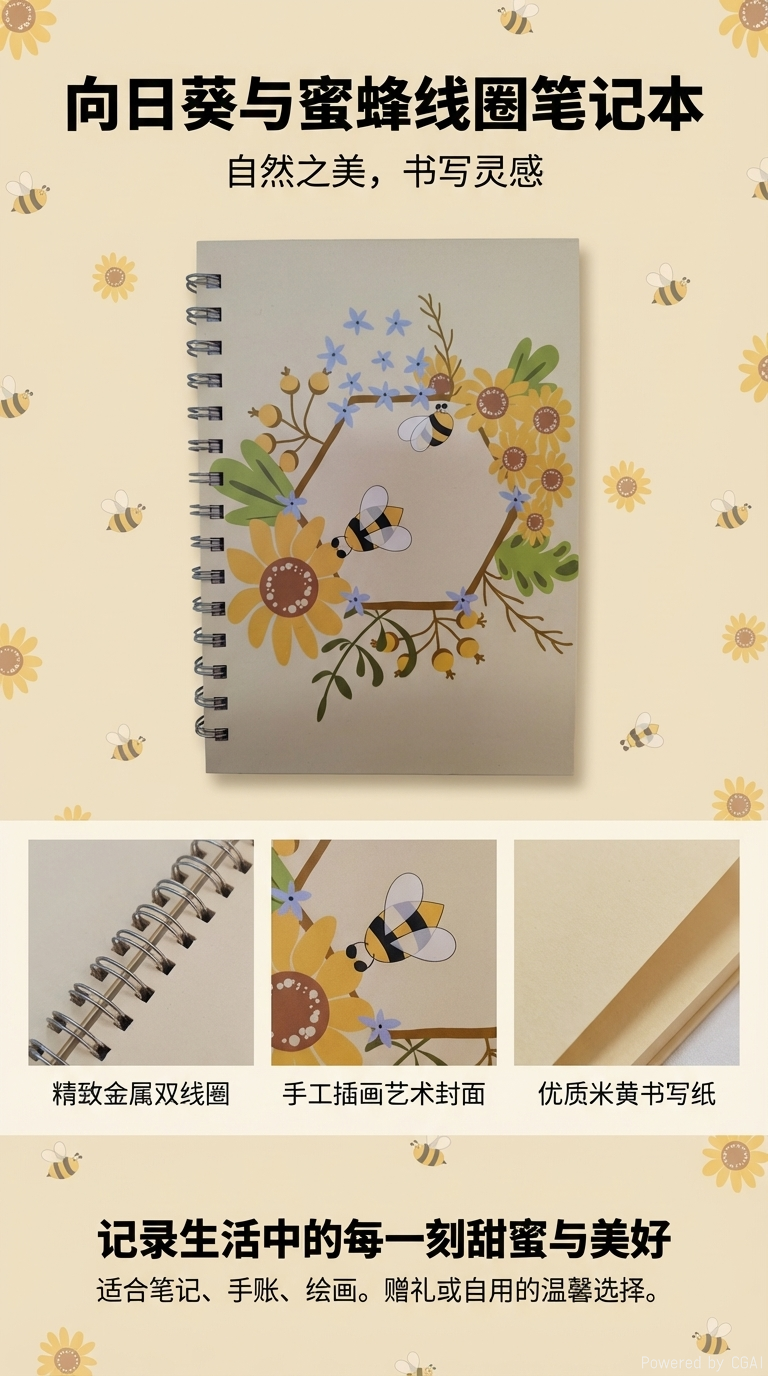 Donghu Paper Products A5 Pastoral Style Bee Flower Coil Notebook, Bee Wreath Theme Coil Notebook, Forest-themed Fresh Flower Notebook, Sunflower Honeycomb Wreath Notebook, Artistic and Fresh Handmade Notebook pic 1