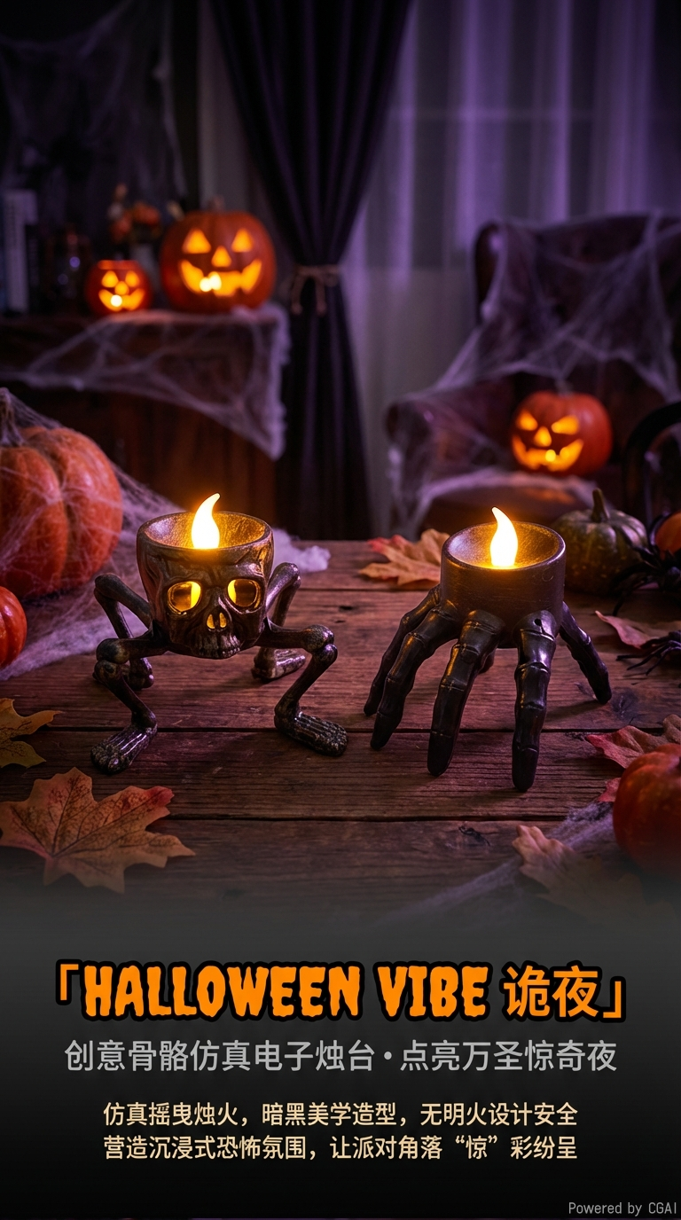 最新款万圣节鬼爪蜡烛灯骷髅头变异电子小夜灯装饰道具详情1
