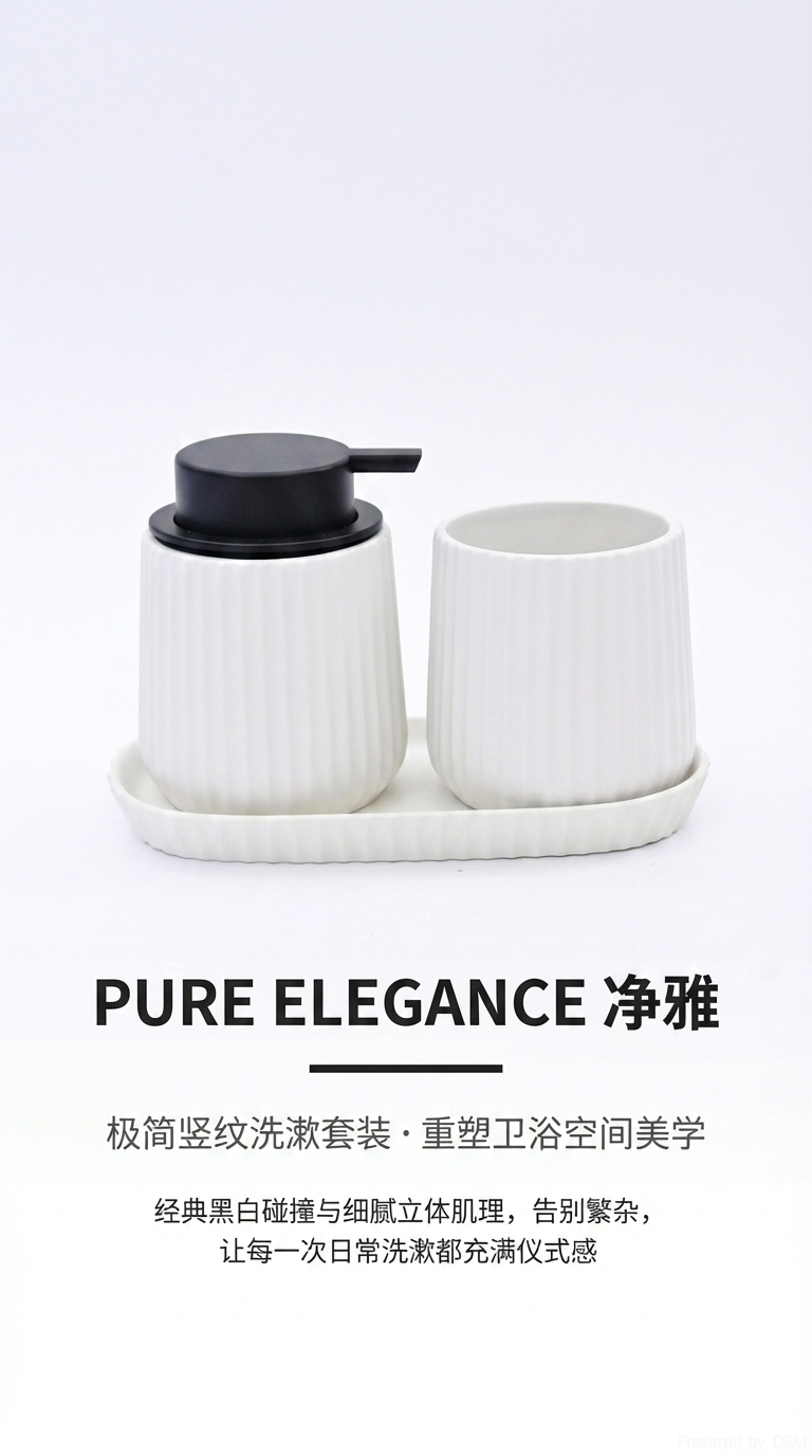 SHARONHOMEA多色竖纹陶瓷卫浴三件套 带托盘洗手液瓶 + 漱口杯 现代风浴室洗漱套装详情1