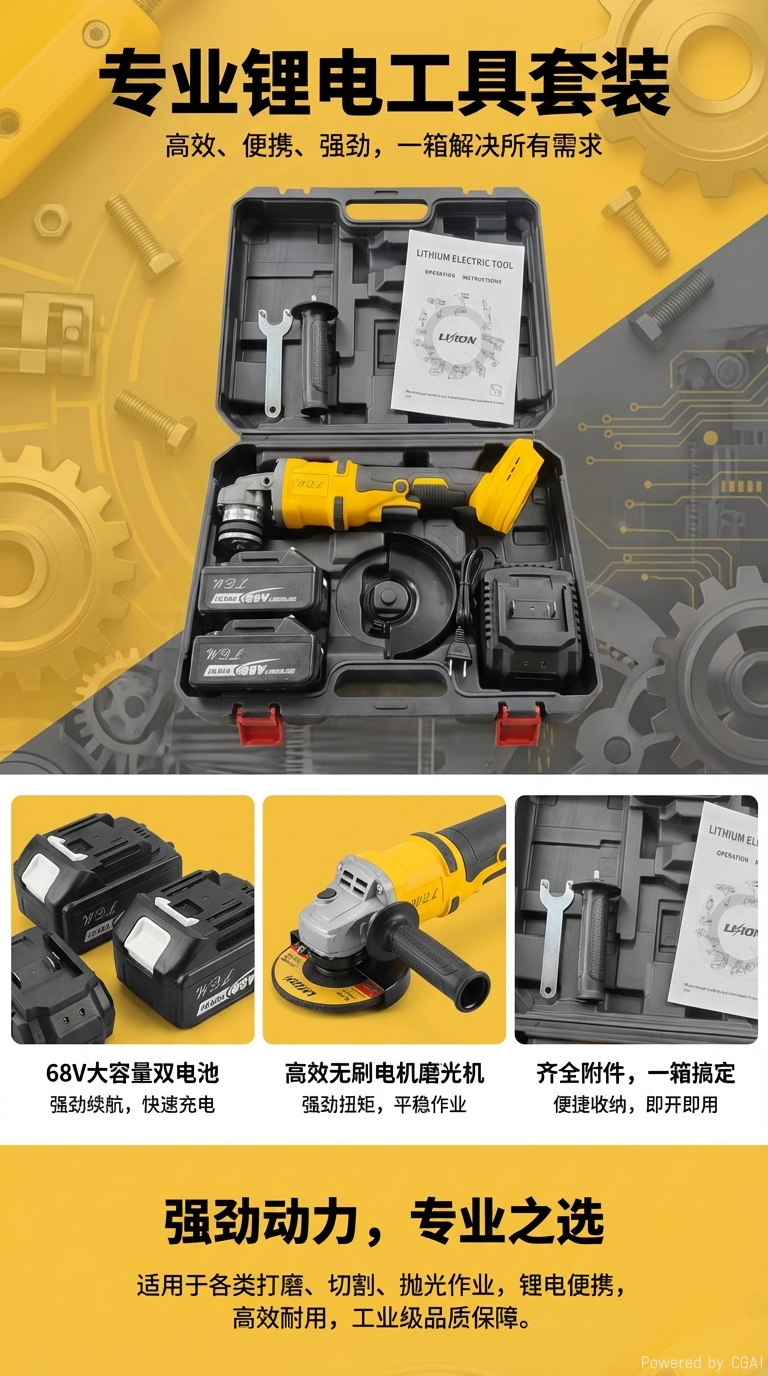GUDE power tool set: 115-foot Angle grinder, electric hammer and drill combination toolbox, portable multi-functional household lithium battery Angle grinder, wall cutting tools, handheld cutter, household cutting machine, Angle grinder pic 1