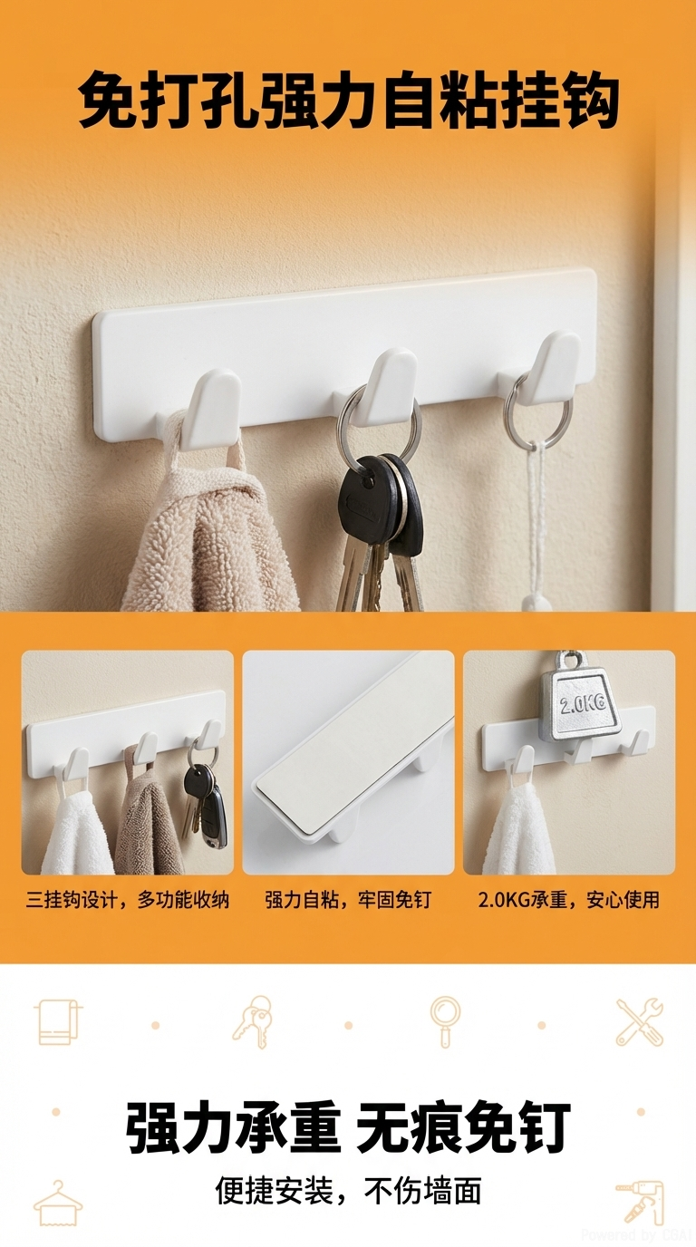 HYDERON Hui Delong Hardware [Factory Direct Sale] Regular White base foam adhesive hooks, Strong PS hooks, hooks, adhesive hooks pic 1