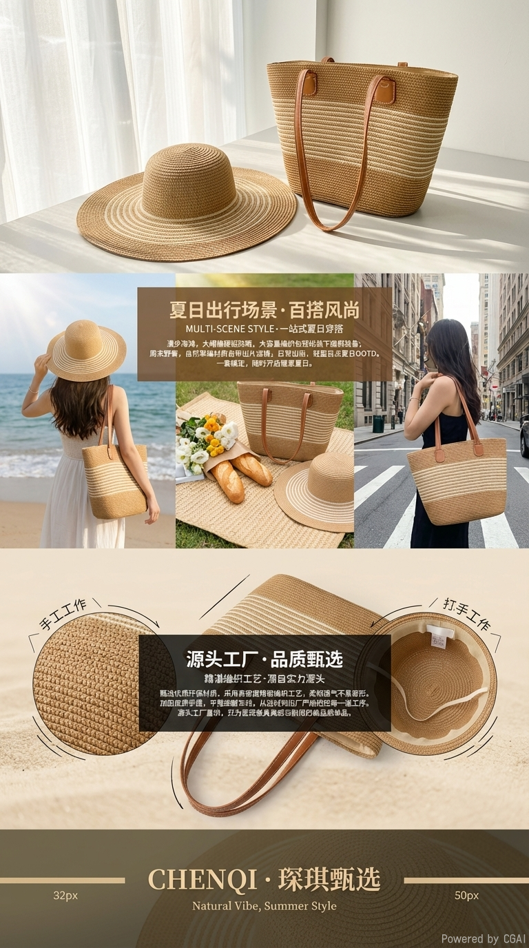 Cross-border new bestseller women's spring and summer straw woven bag, beach bag, beach hat combination set, two-piece set, striped wide-brimmed straw hat, single-shoulder tote bag, urban style, casual vacation, foldable women's bag, straw woven artistic seaside photo shoot pic 3