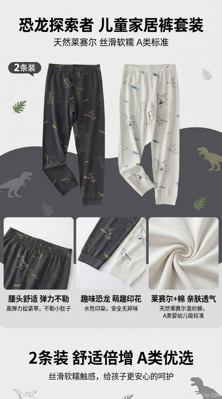 黑色白色恐龙图案儿童家居裤2条装天然莱赛尔棉丝滑软糯A类标准睡衣详情1