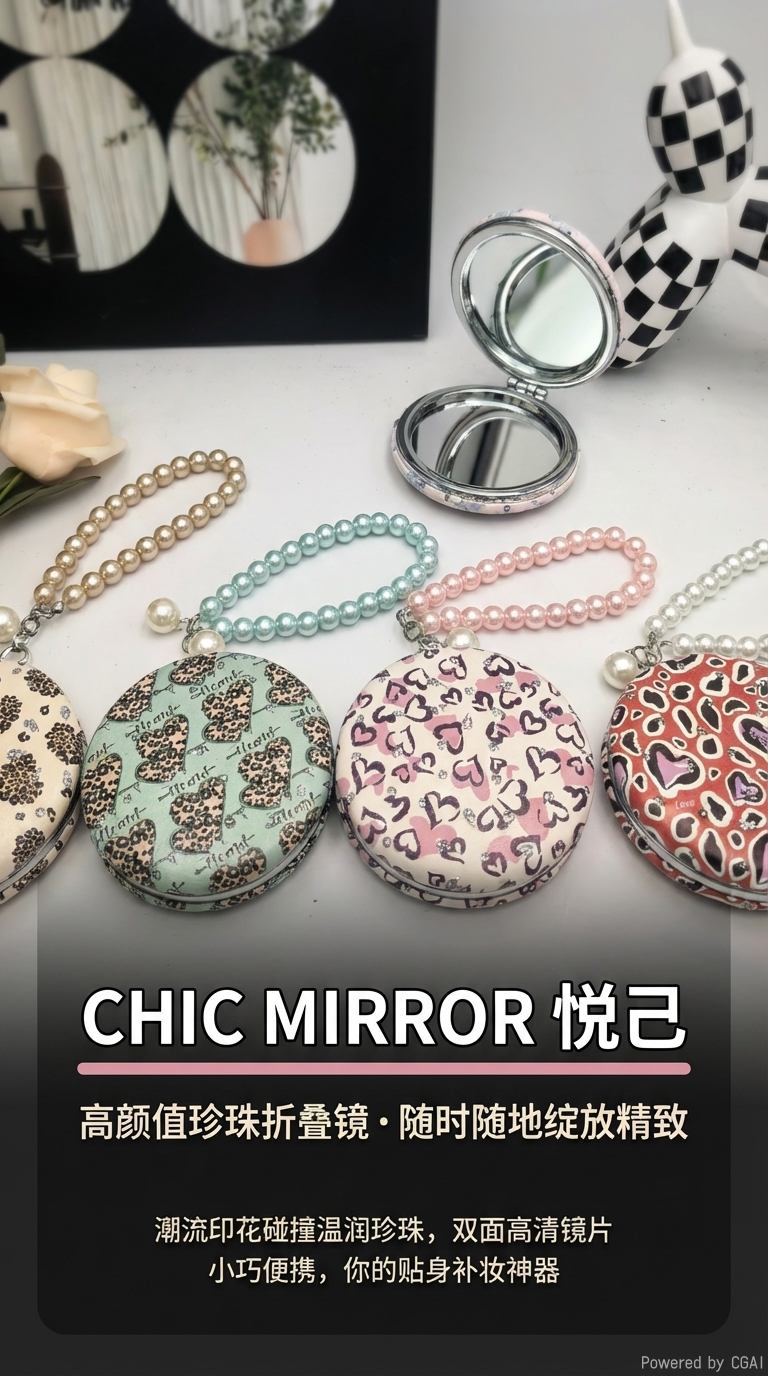 新款大热时尚日韩流行珍珠链镜美妆镜化妆镜便携式小镜子带钻镜学生镜美容镜美发镜珍珠带钻镜镜子镜子镜子镜子详情1