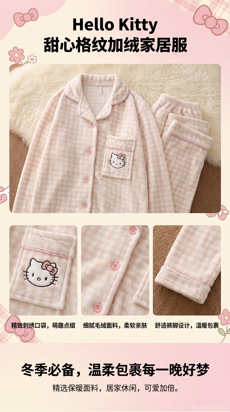 粉色格纹Hello Kitty儿童莫代尔棉睡衣套装居家服童装详情1