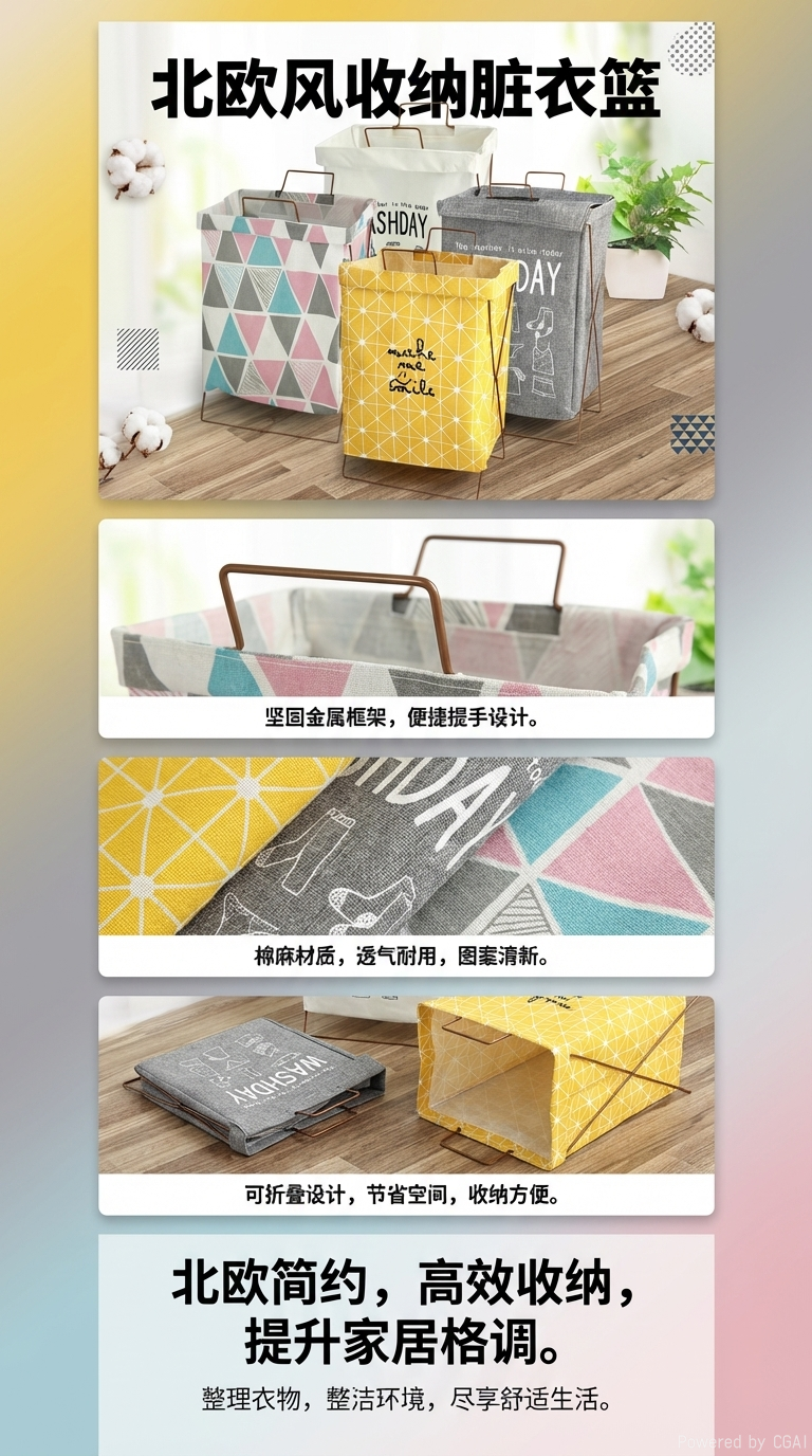 北欧风现货铁架脏衣篓脏衣服框大号可折叠洗衣篮脏衣篮棉麻布艺收纳筐详情1