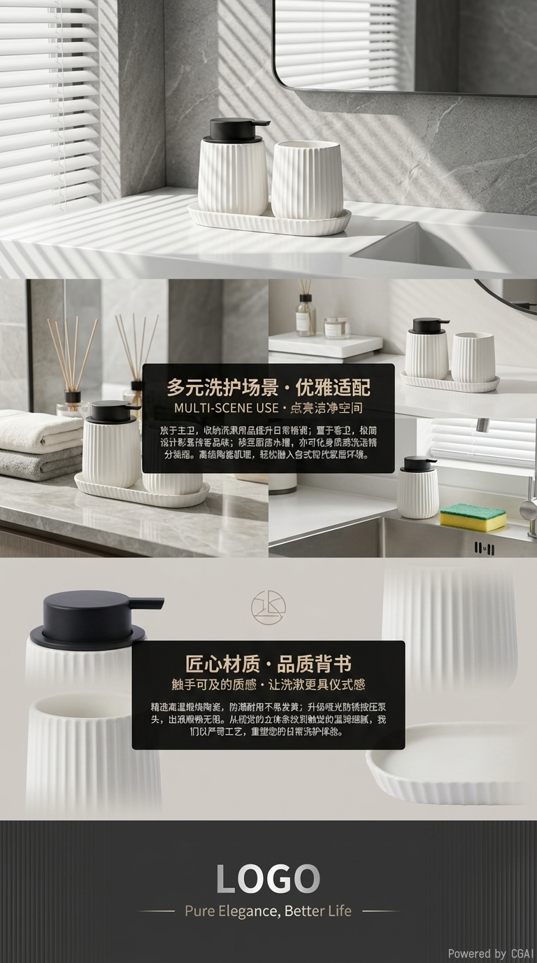 SHARONHOMEA多色竖纹陶瓷卫浴三件套 带托盘洗手液瓶 + 漱口杯 现代风浴室洗漱套装详情3