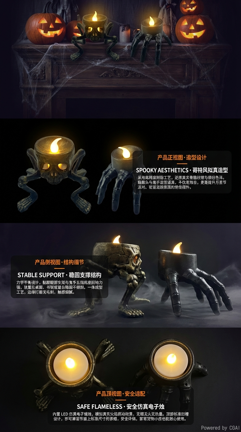 最新款万圣节鬼爪蜡烛灯骷髅头变异电子小夜灯装饰道具详情2