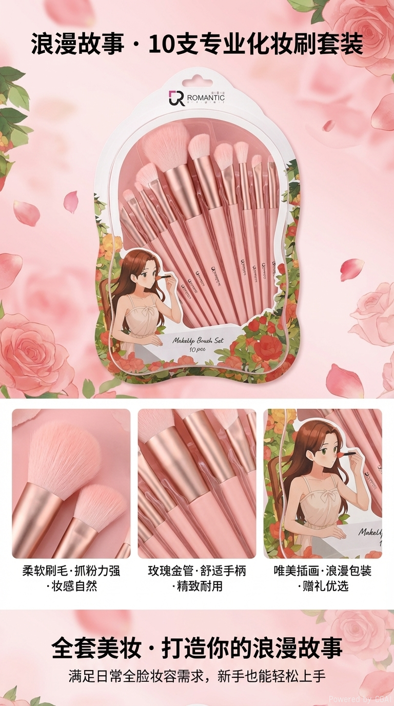 10 pink mirror-shaped color box conical brush sets from the Romance Girls Series pic 1