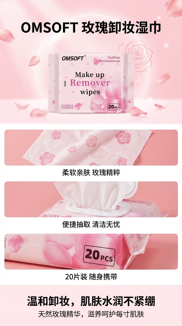 玫瑰定制卸妆巾玫瑰淡香卸妆湿巾20片小方巾详情1