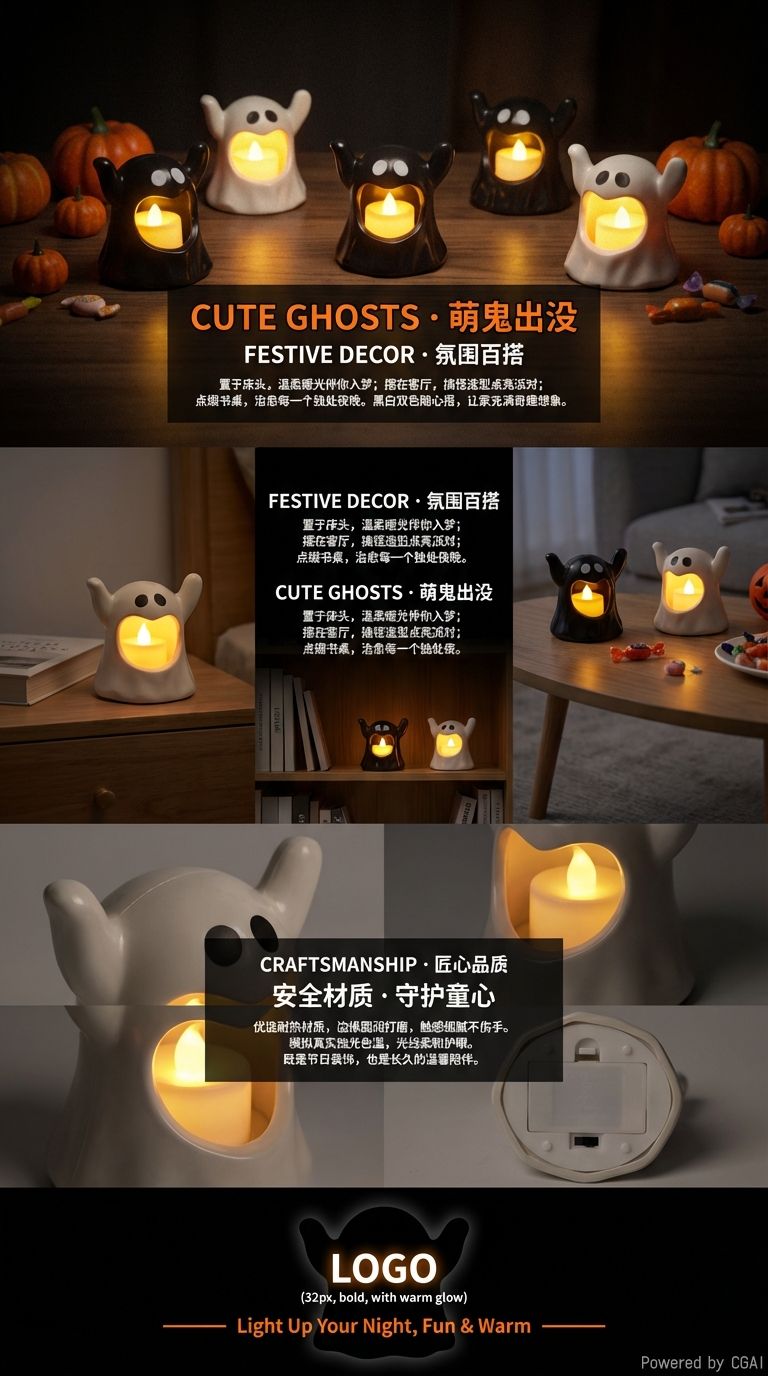 万圣节夜南瓜灯幽灵蜡烛灯桌面摆件店铺氛围场景布置装饰道具摆件详情3