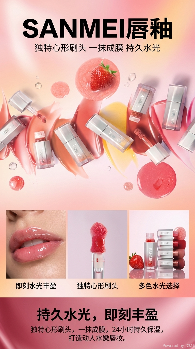 SANMEI lip Gloss new product display, fashionable color matching, exquisite makeup presentation, beauty trend. pic 1