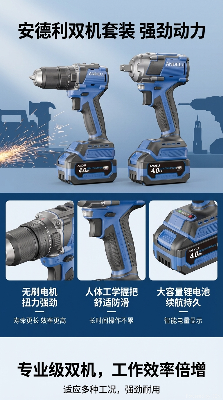 ANDELI brushless lithium battery tool set: 21V 4.0Ah lithium battery drill + Impact Screwdriver, high-torque rechargeable drill, Electric wrench pic 1
