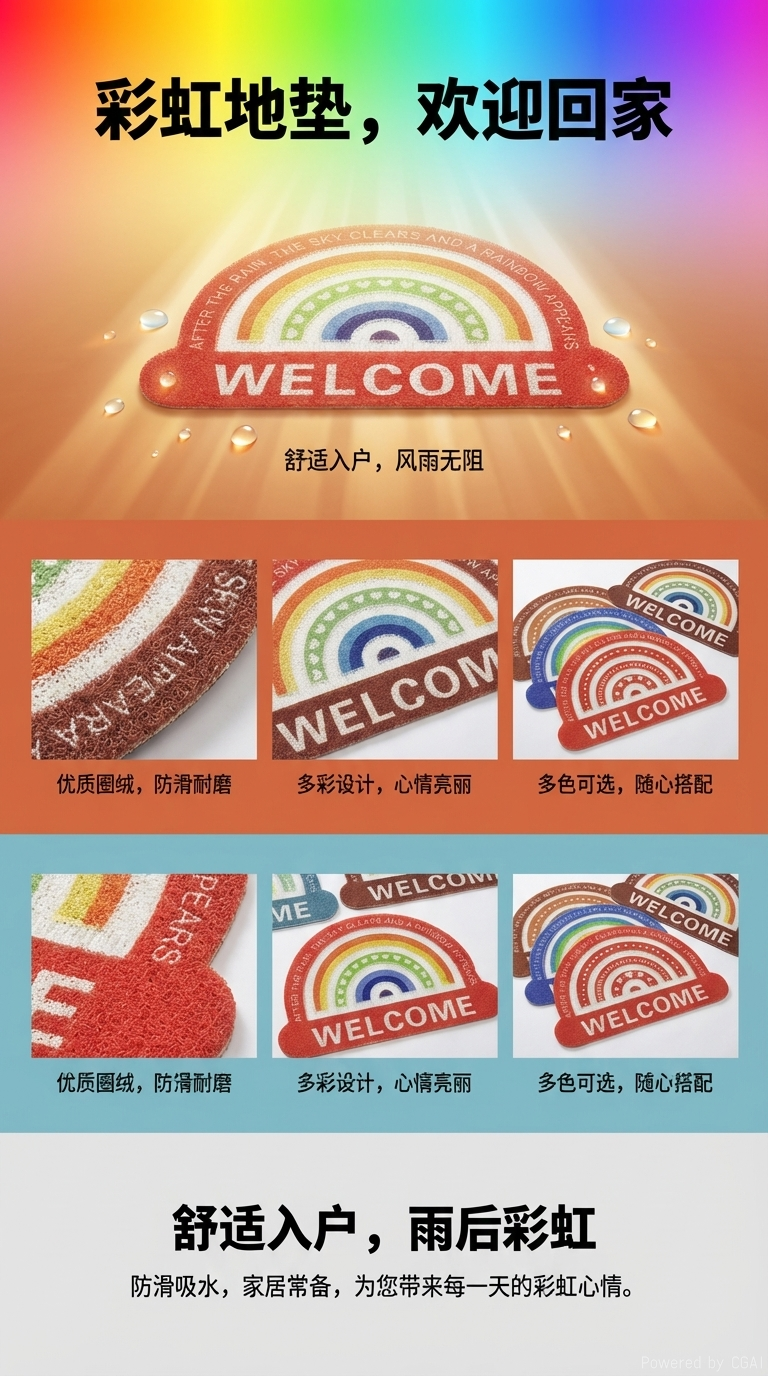 Rainbow welcome floor mat, jute carpet, bathroom mat, pvc bath mat, door mat, anti-slip, absorbent, soft and durable pic 1