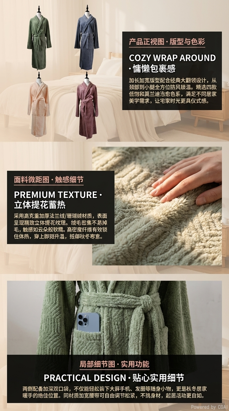四色阿拉伯长袍展示绿色蓝色粉色桃色长款针织浴袍酒店用品 多款浴袍花型任选 居家泡澡慵懒风 详情2