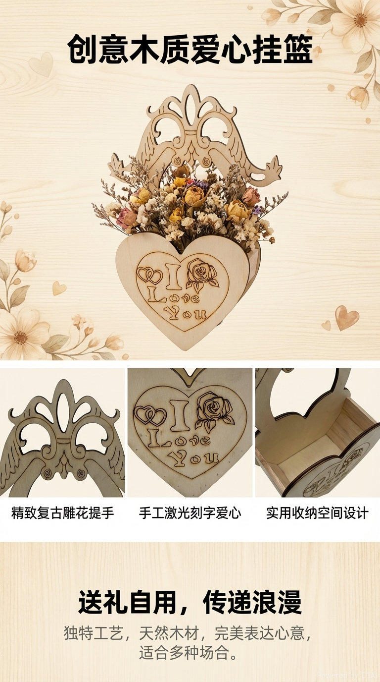 Madera tallada corazón streamers forma de asa cestas de almacenamiento de arte artículos para el hogar cestas de embalaje de regalo cestas de almacenamiento de interior cestas de regalo de alta calidad cubos decorativos de flores cestas de flores estantes pic 1