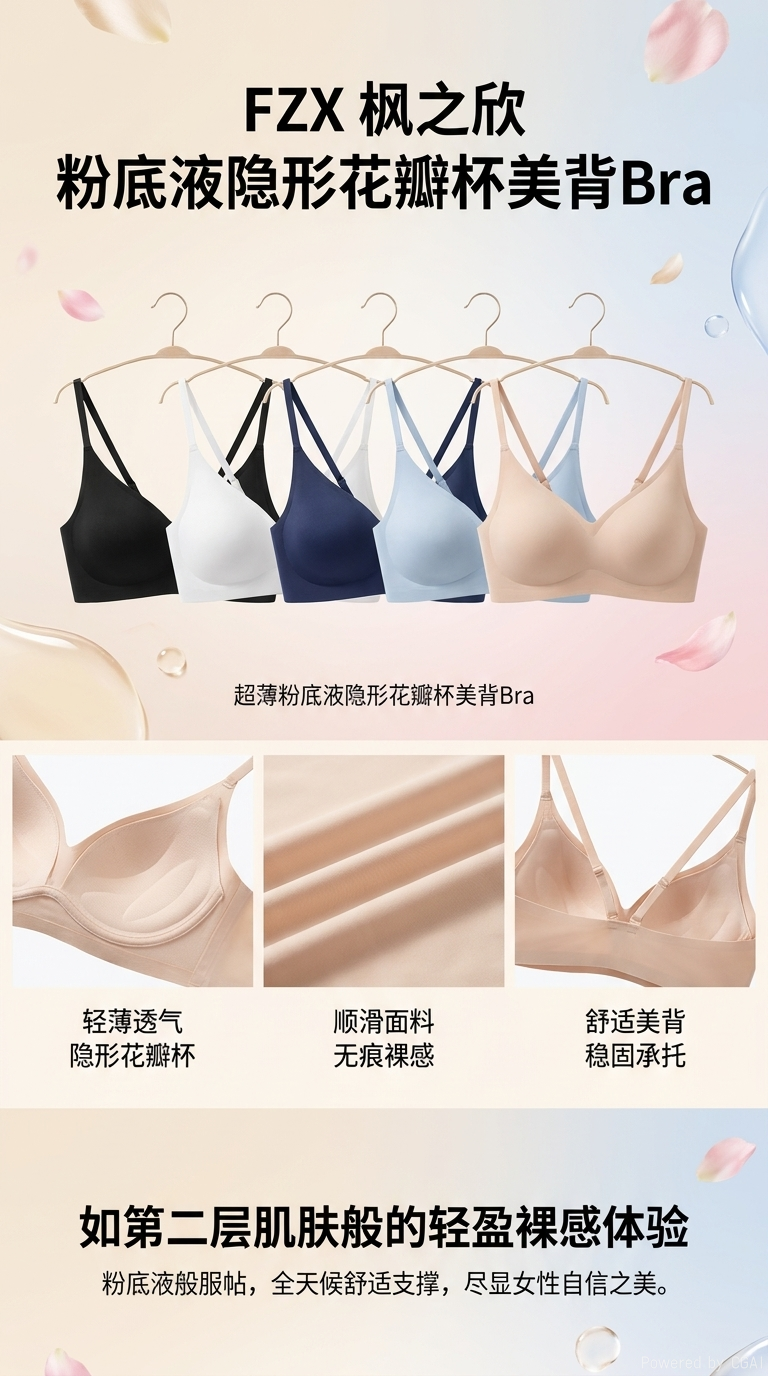 FZX枫之欣新款超薄隐形花瓣杯美背Bra透明内衣676#粉底液详情1