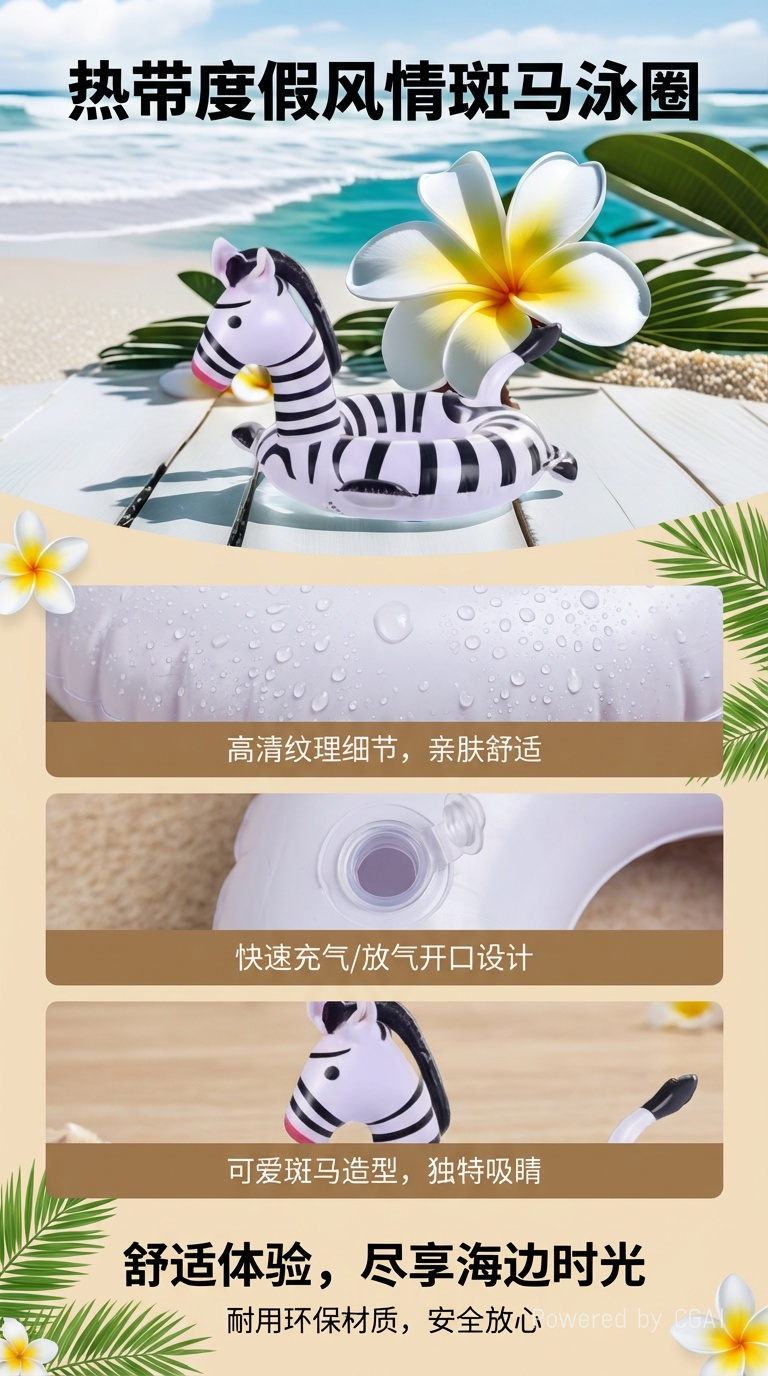 可爱斑马带扶手坐垫儿童游泳圈夏季详情1