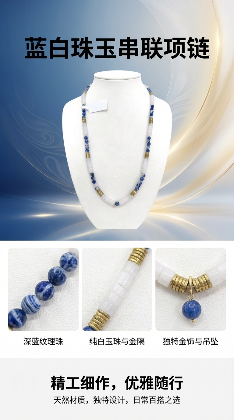 蓝海秘境 天然石蓝白拼接项链复古管珠设计感详情1