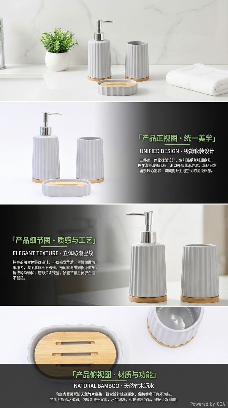 SHARONHOME多色竖纹陶瓷卫浴三件套 竹底洗手液瓶 + 漱口杯 + 皂碟 北欧风浴室洗漱套装陶瓷卫浴套装详情2