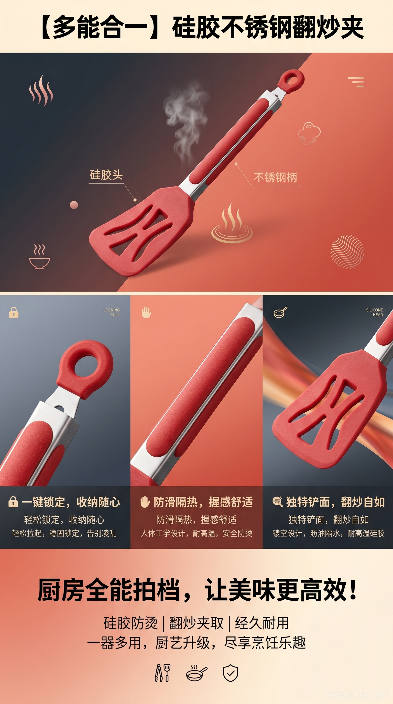 红色硅胶锅铲不锈钢套锅专用厨具铲子烹饪勺铲木铲详情1