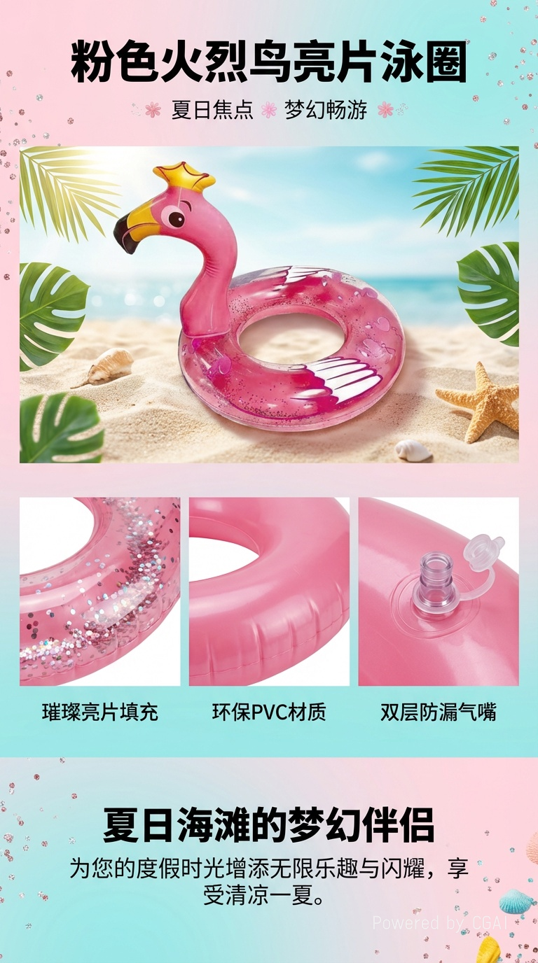 粉色火烈鸟半透明充气游泳圈儿童详情1