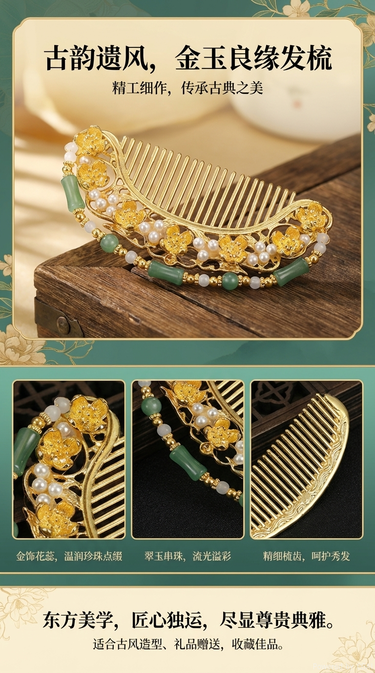 National trend golden flower pearl hair comb, main comb, hair accessory, headwear, wedding hair accessory, whole box, telephone line, rubber band pic 1