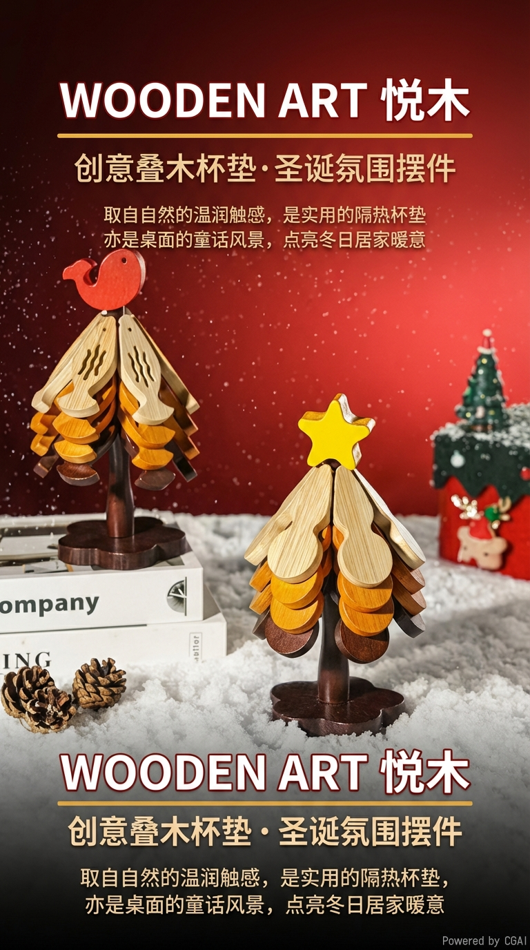 木质圣诞树杯垫，创意设计，节日氛围浓厚，点缀冬日温馨详情1