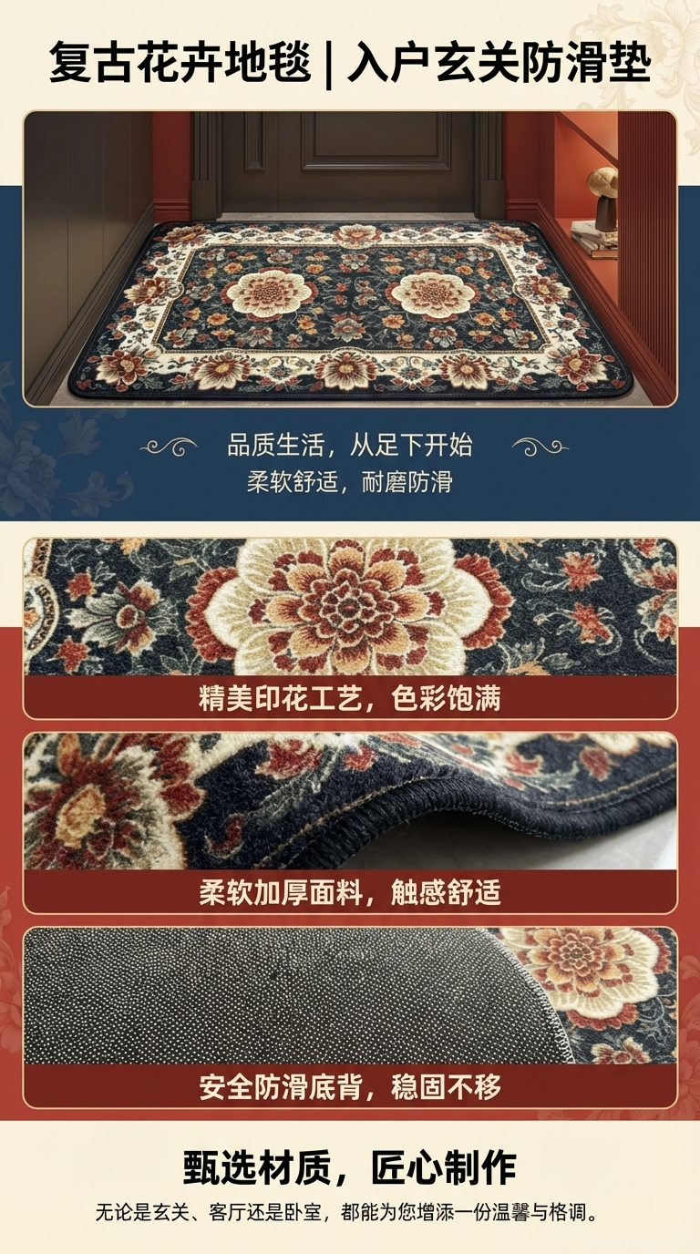 博杰家纺复古轻奢风入户地垫防滑耐磨家用门口玄关除尘脚垫可裁剪易清洗详情1